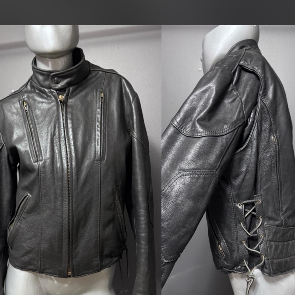 Womens Black real Leather Lace-Up Side Jacket